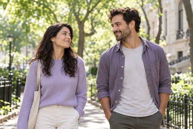 Two friends enjoying a conversation on a neighborhood walk