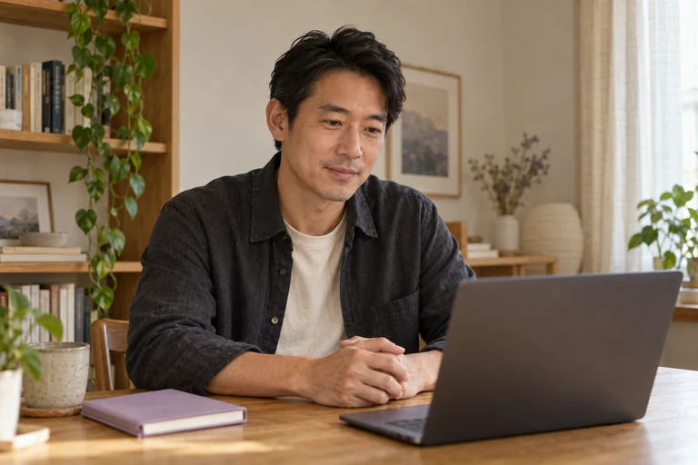A man attending a video appointment from home
