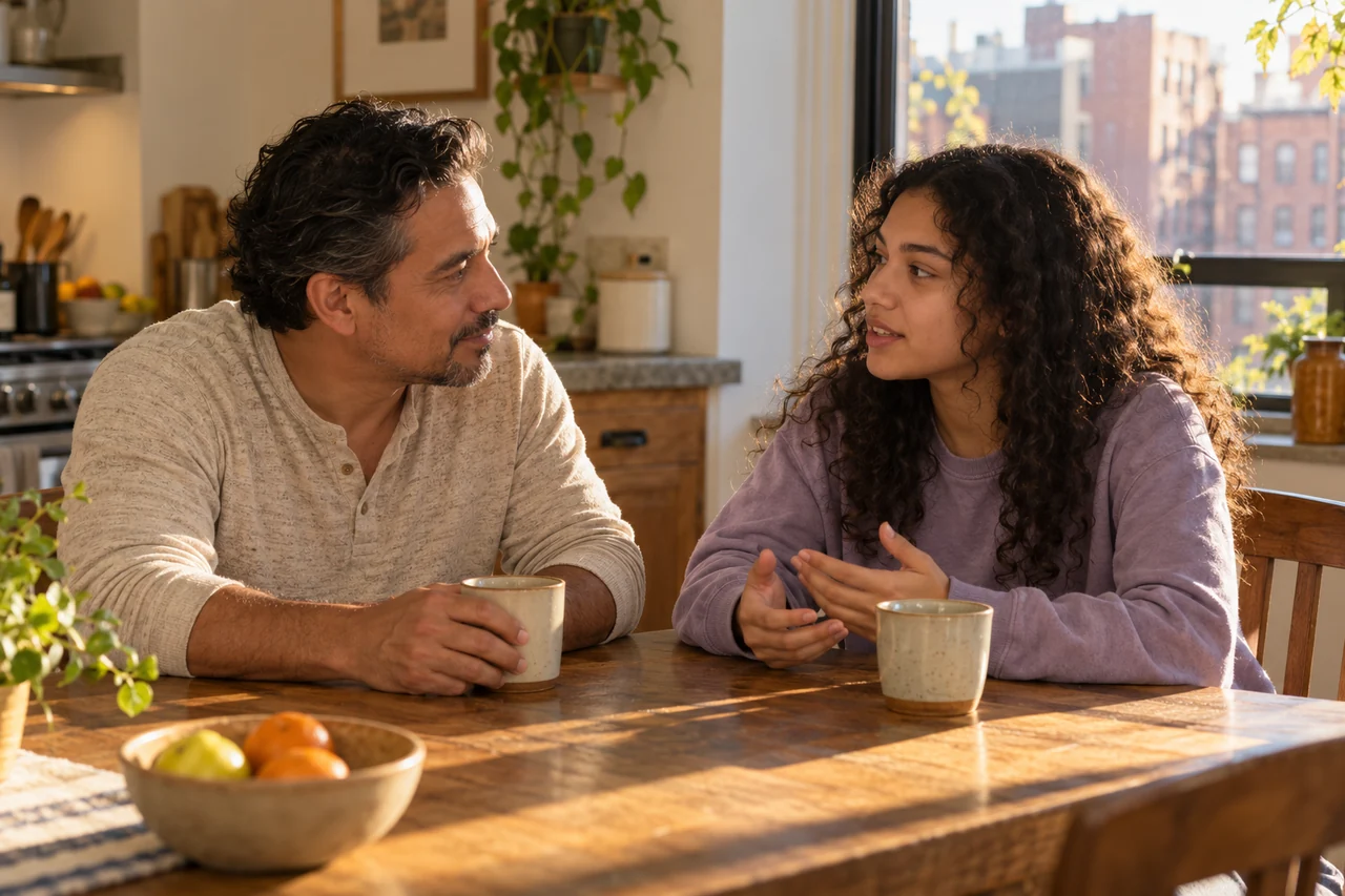 A parent and teenager sharing a quiet conversation at home