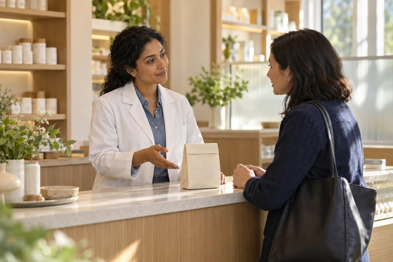 A pharmacist reviewing next steps in a sunlit pharmacy
