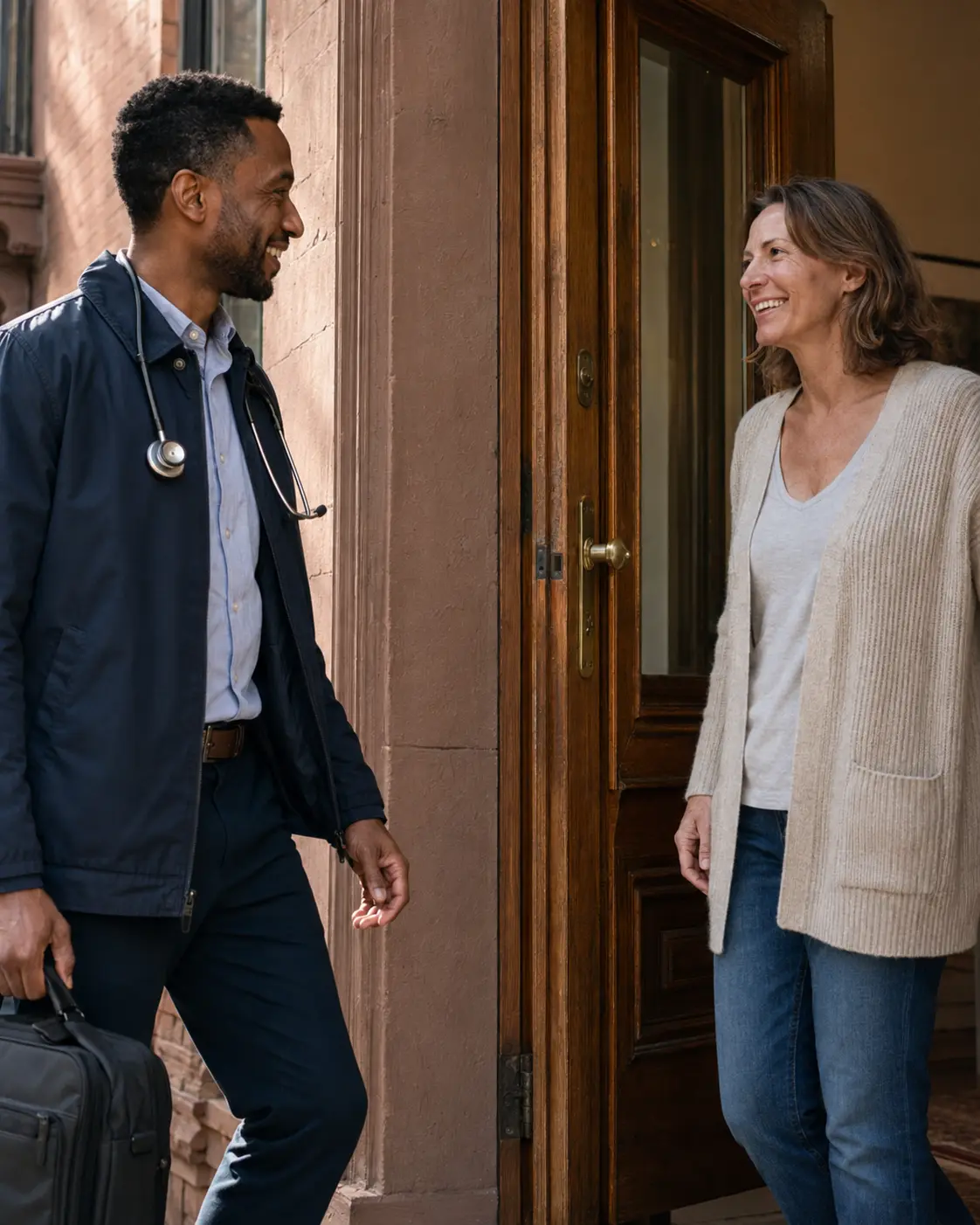 A clinician greeting a woman at her front door