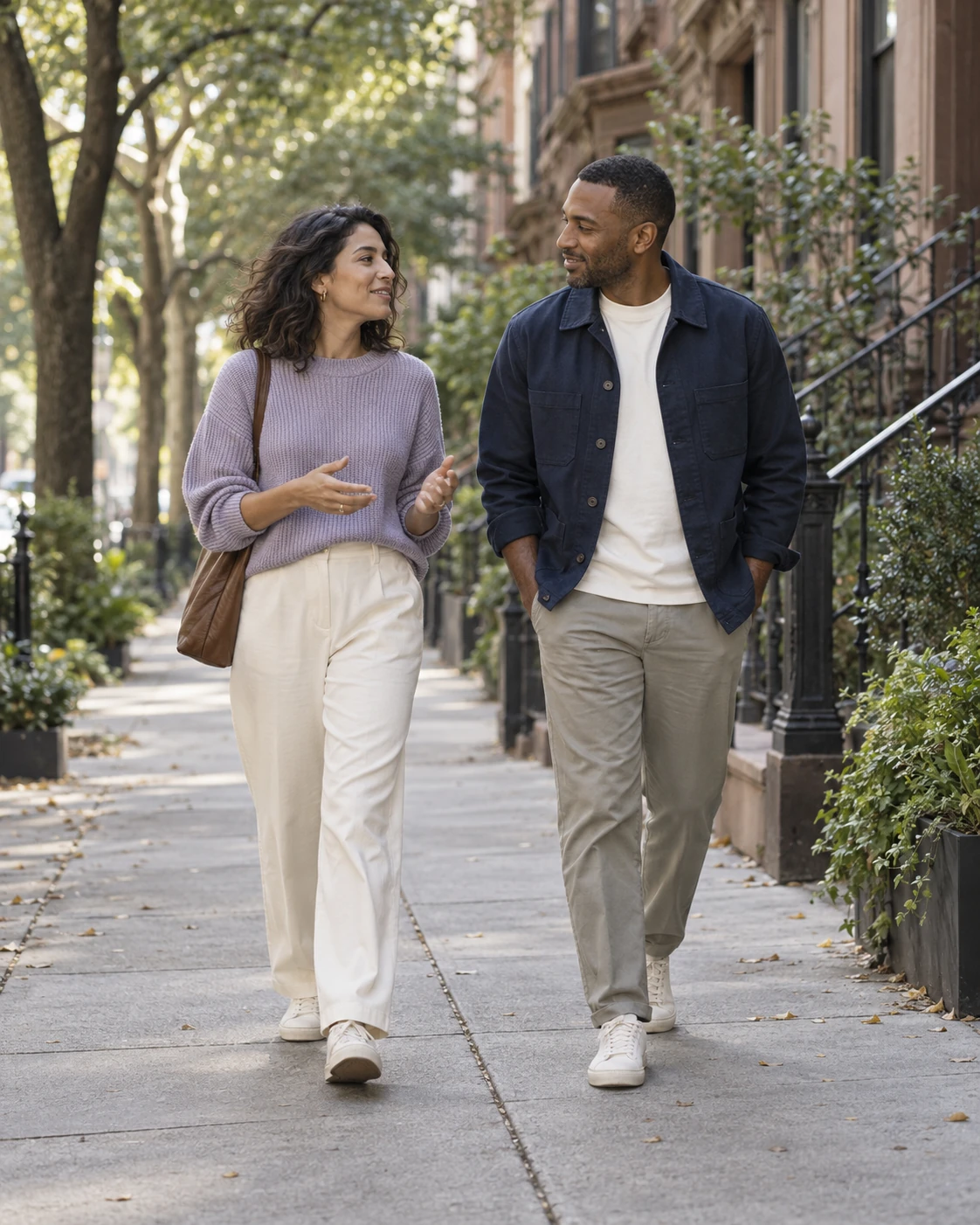 Two people enjoying a walk along a tree-lined neighborhood street