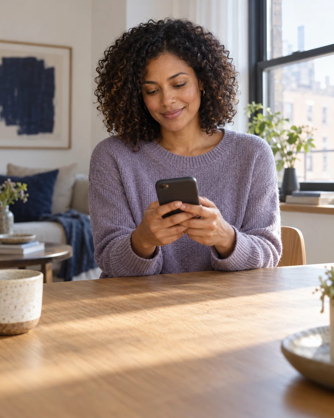 A woman arranging her care by phone in a bright, comfortable home
