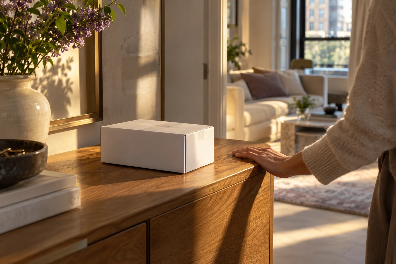 An unopened delivery parcel on a sunlit oak console at home