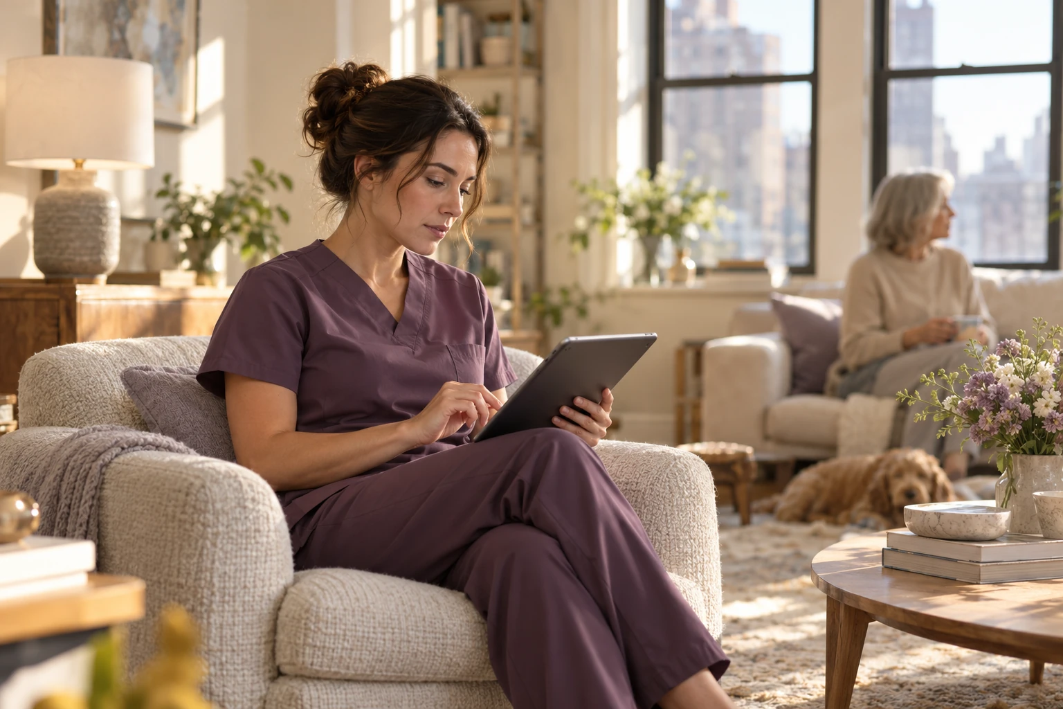 A clinician documenting a home visit on a tablet