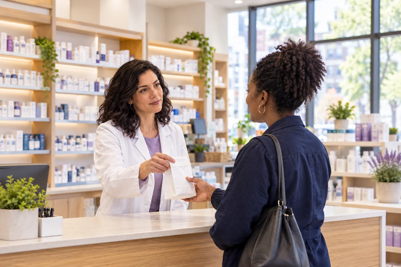A pharmacist handing a sealed medication bag to a customer at a pharmacy counter