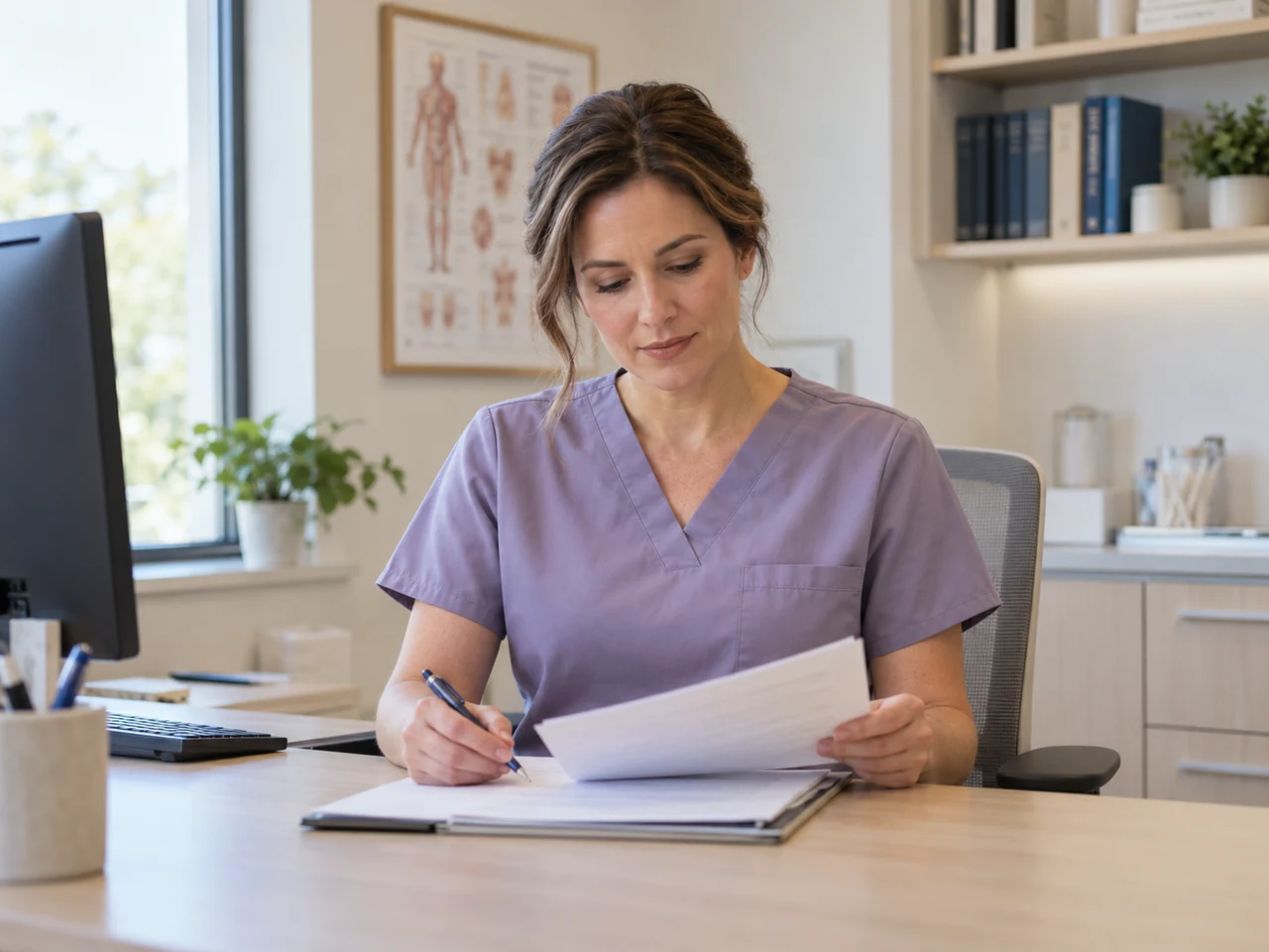 A clinician in lavender scrubs reviewing notes at a medical office desk