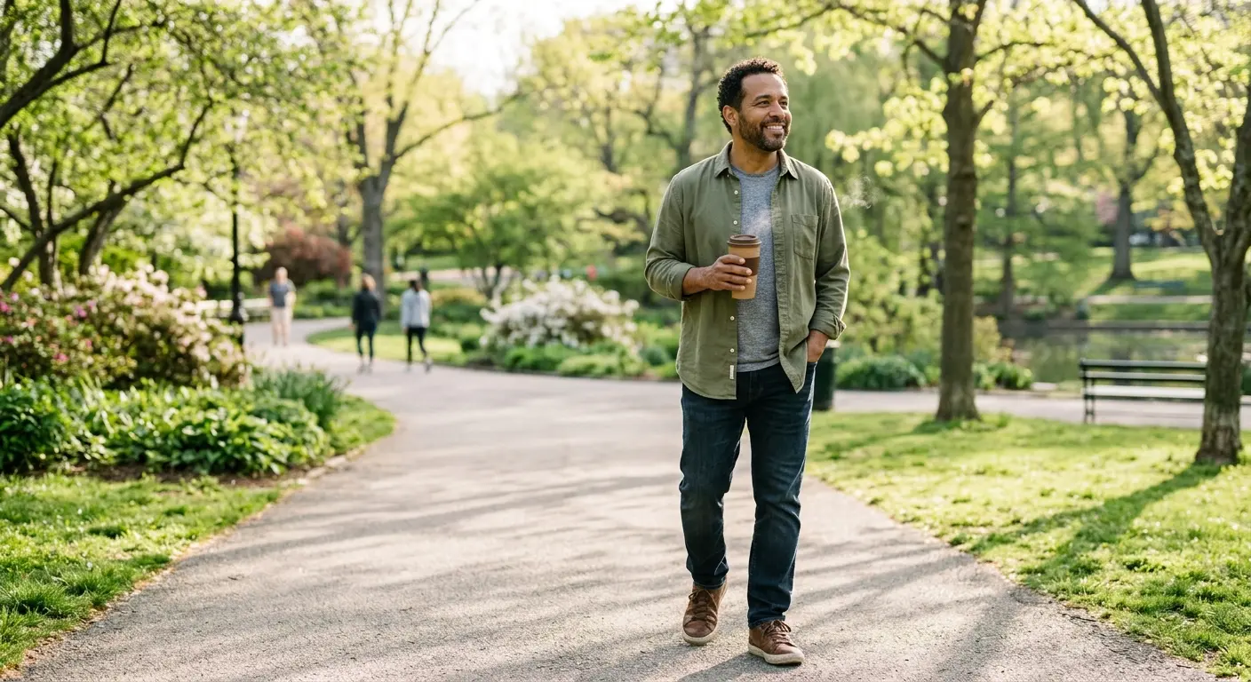 A man enjoying a walk through a leafy neighborhood park